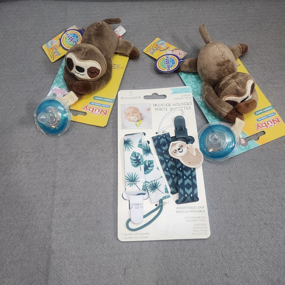 Nuby Peanutshell Pacifier Holder Bundle Sloth Plush‎ Tropical Clips Blue 3pc NEW